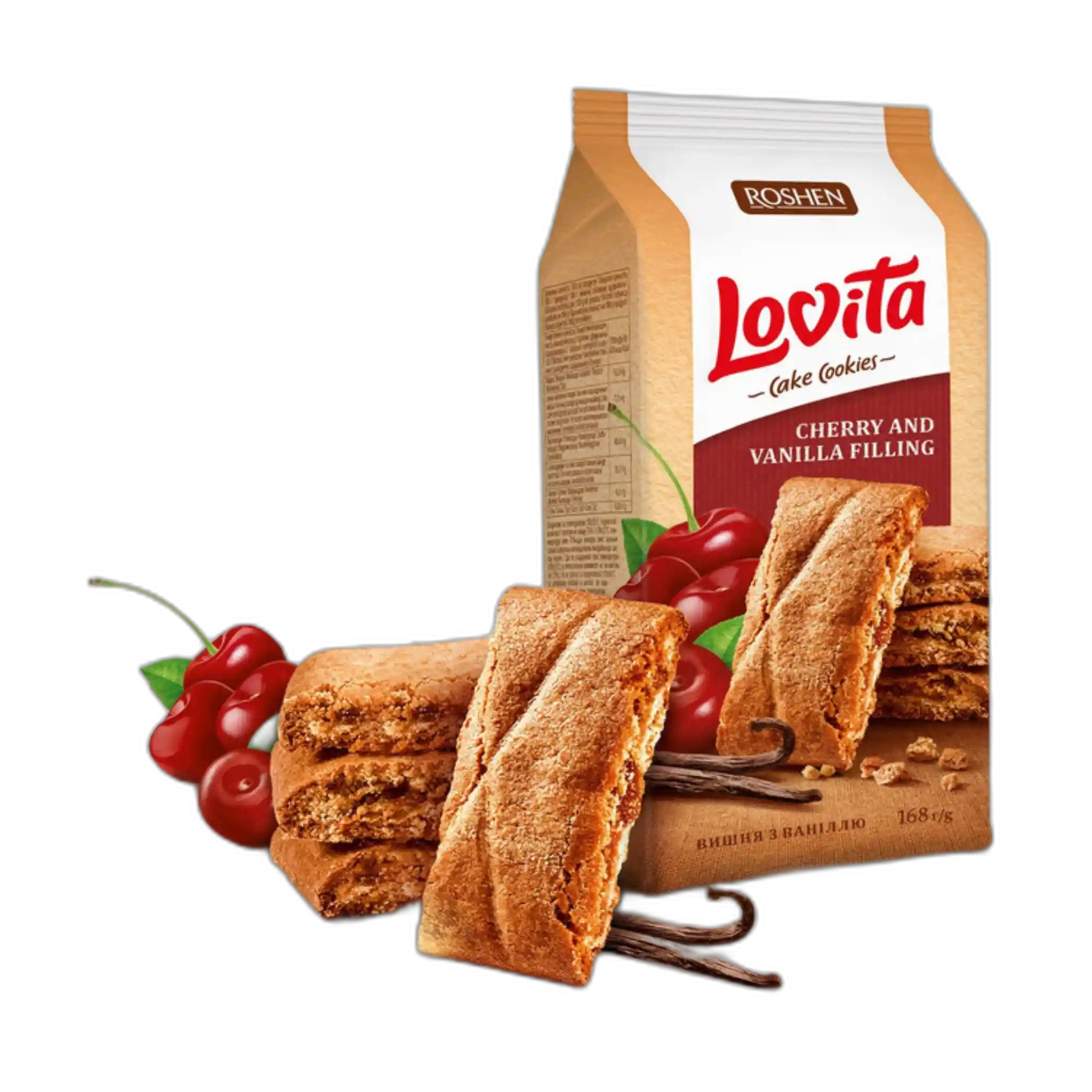 Roshen Sušenky "Lovita cake cookies" s višnovou a vanilkovou náplní, 168g/16ks