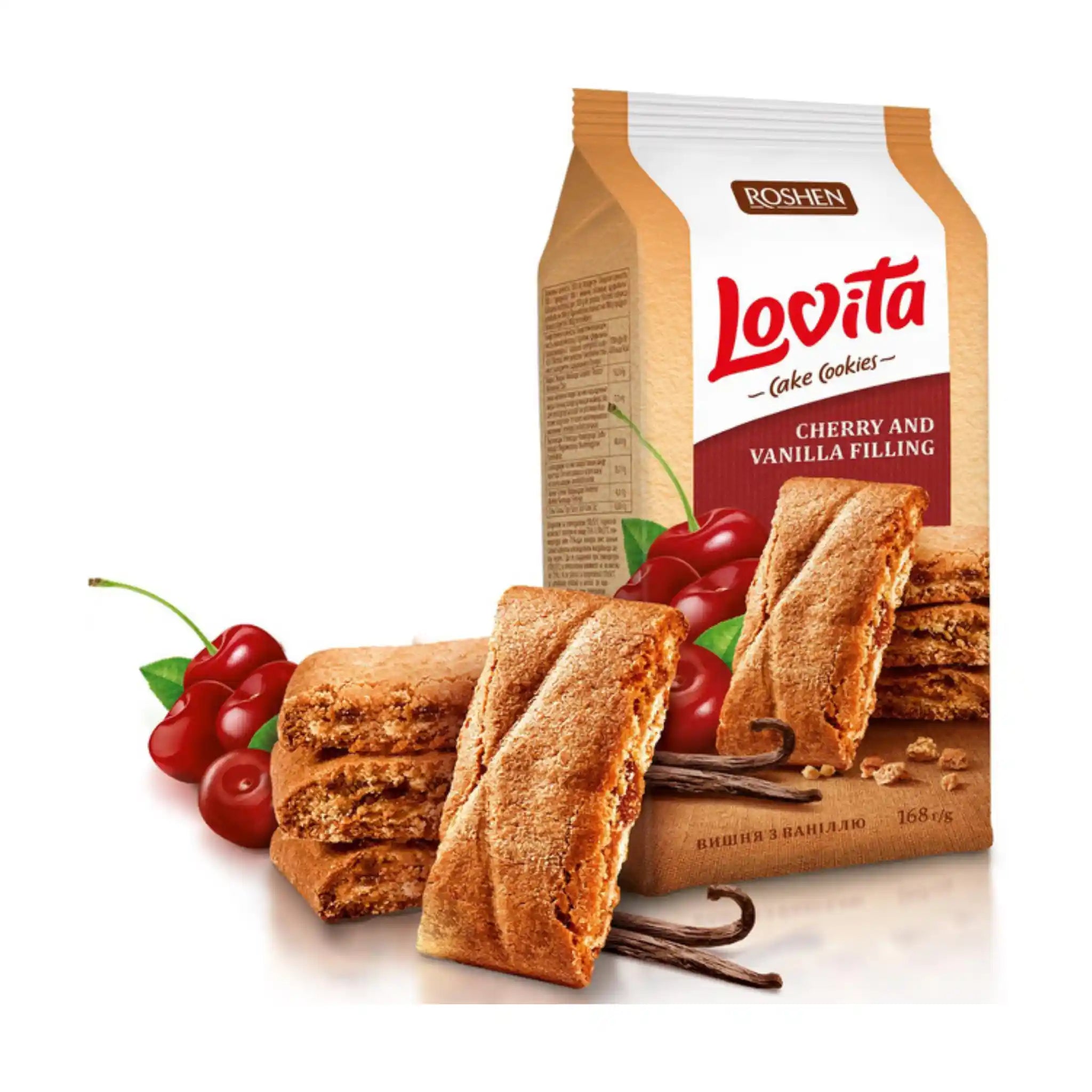 Roshen Sušenky "Lovita cake cookies" s višnovou a vanilkovou náplní, 168g/16ks