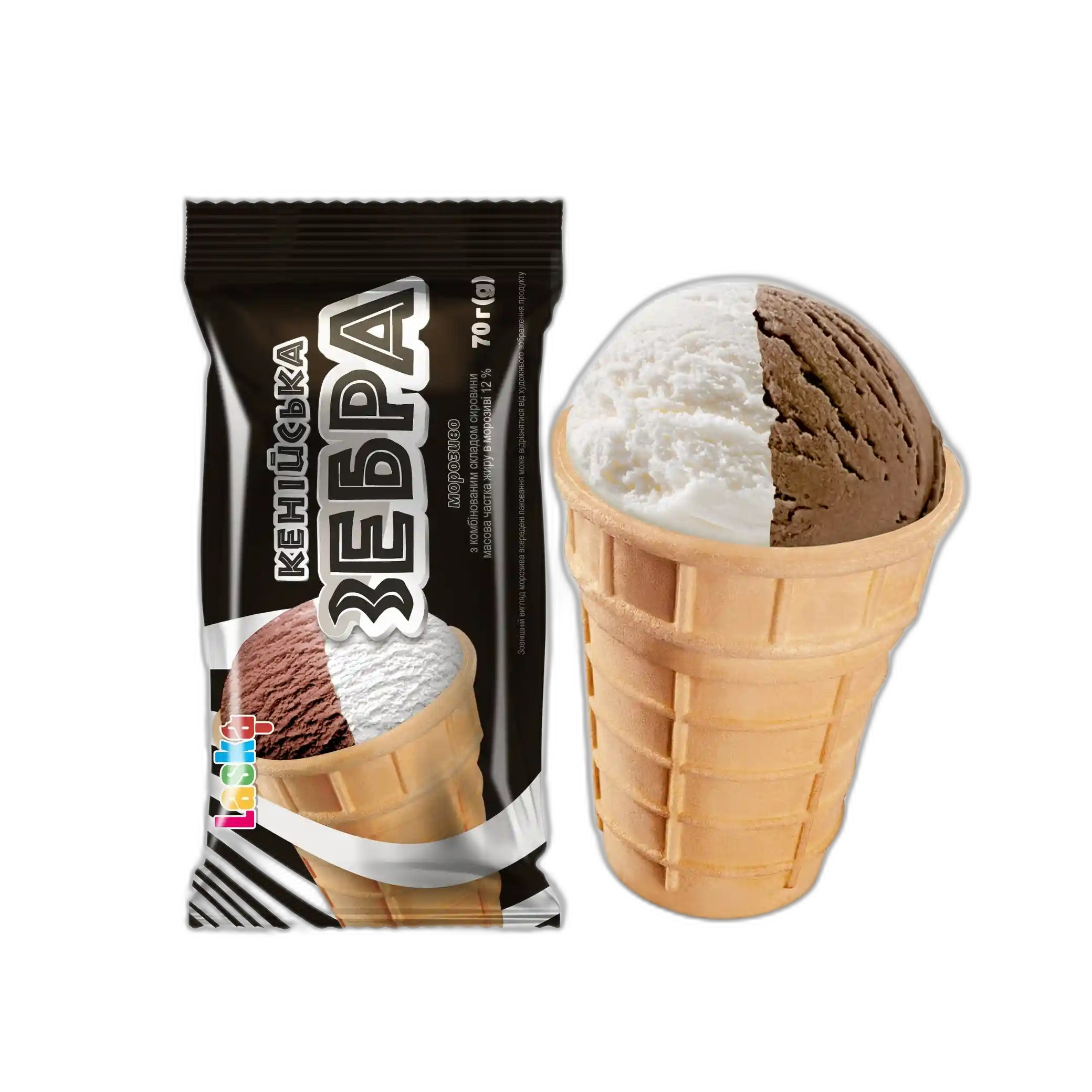 Laska Zmrzlina v vaflovém kornoutu „Keňská zebra“, 70 g/30ks