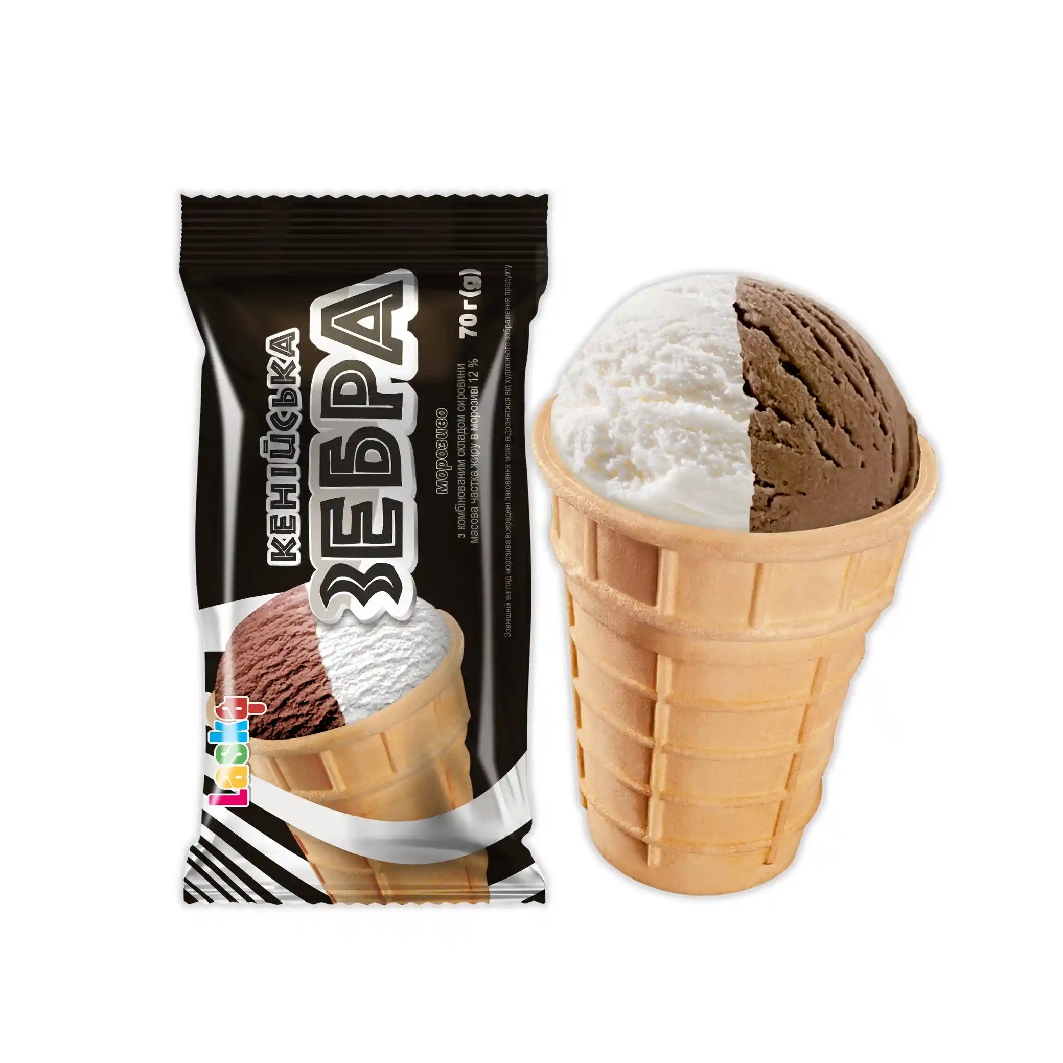 Laska Zmrzlina v vaflovém kornoutu „Keňská zebra“, 70 g/30ks