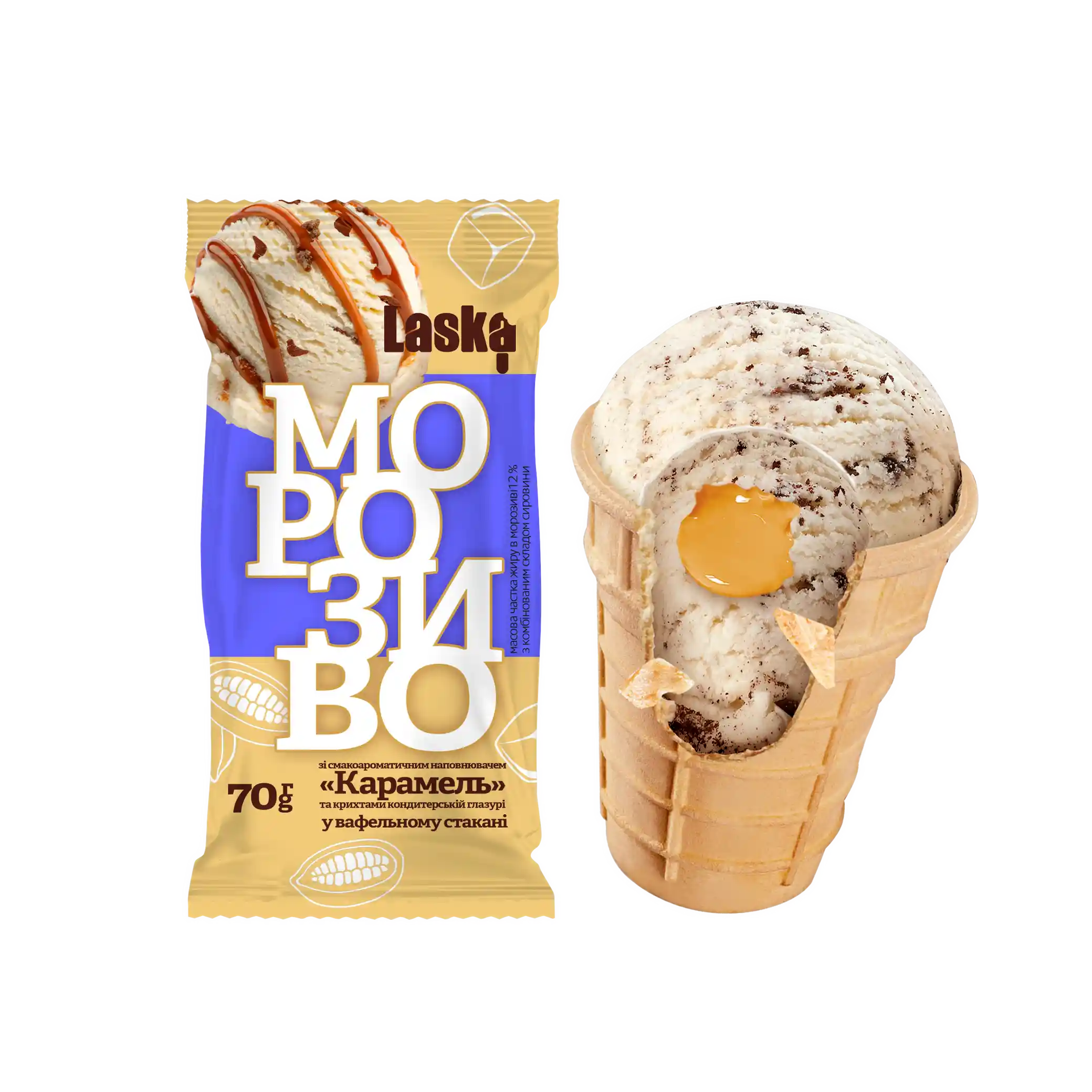 Laska Zmrzlina (429)  s kousky cukrářské polevy s karamelovou náplní, v kornoutku 70g/30ks