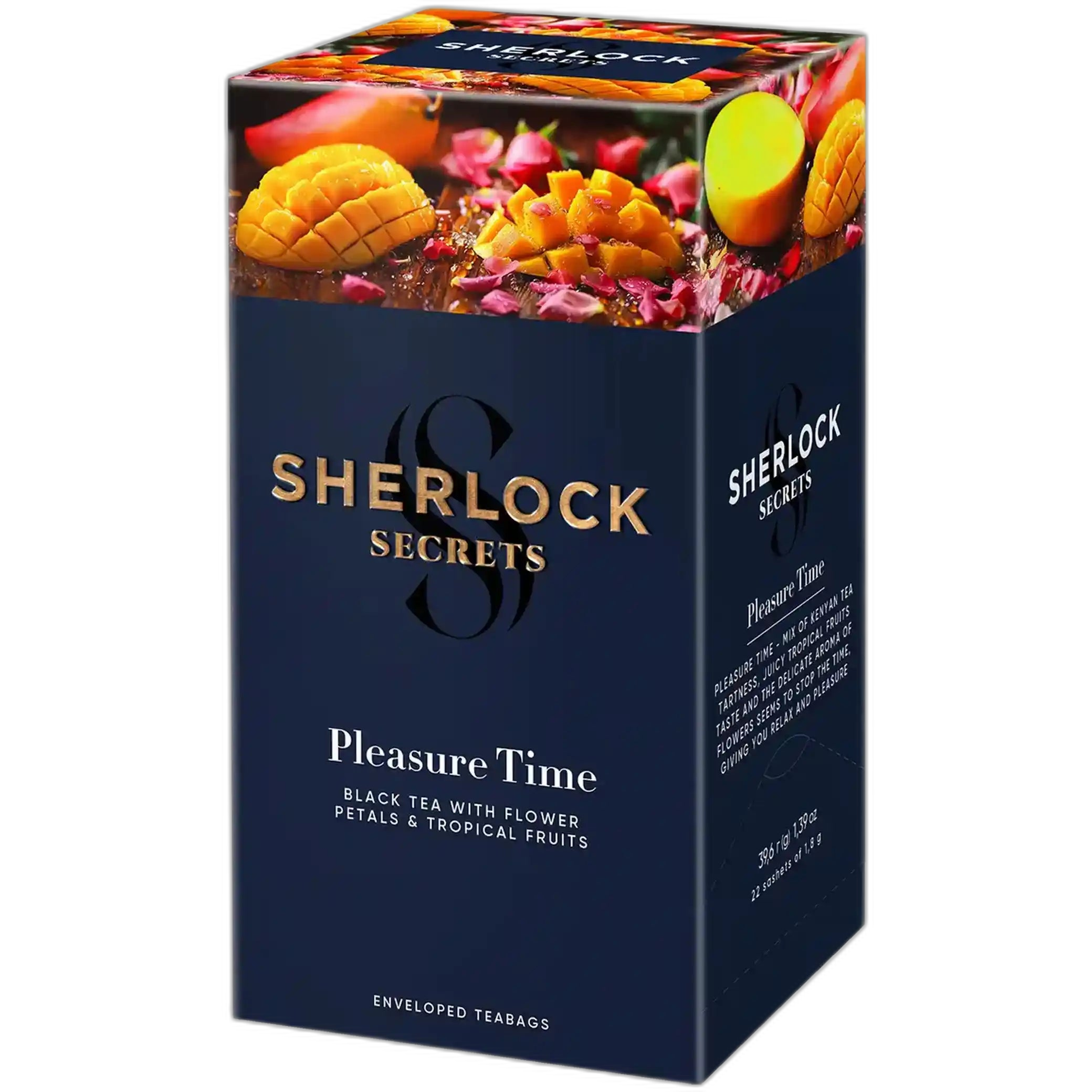 Sherlock Secrets Černý čaj s růžovými a pomerančovými okvětními lístky „Pleasure Time“, v sáčcích, 22 × 1,8 g/12 ks