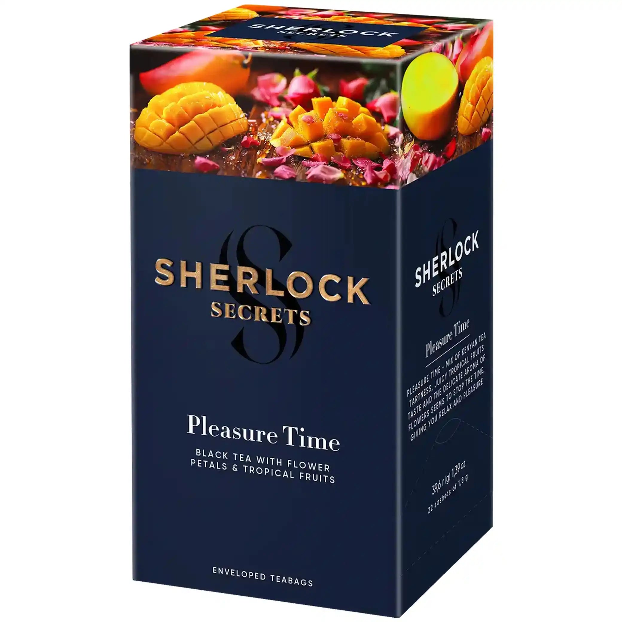Sherlock Secrets Černý čaj s růžovými a pomerančovými okvětními lístky „Pleasure Time“, v sáčcích, 22 × 1,8 g/12 ks