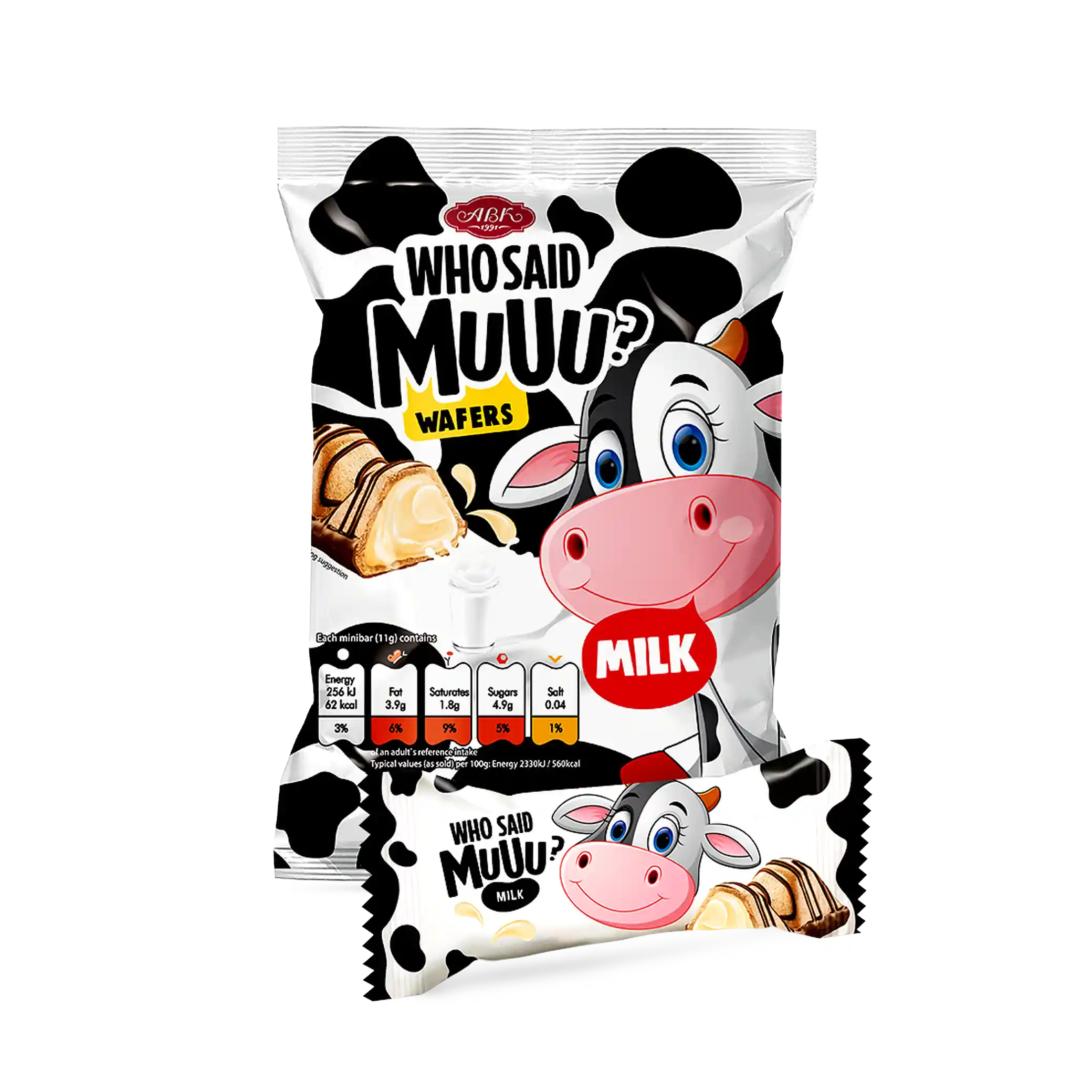 ABK Vaflové mini tyčinky „Who said Muuu?“ s mléčnou příchutí, 200 g/6ks