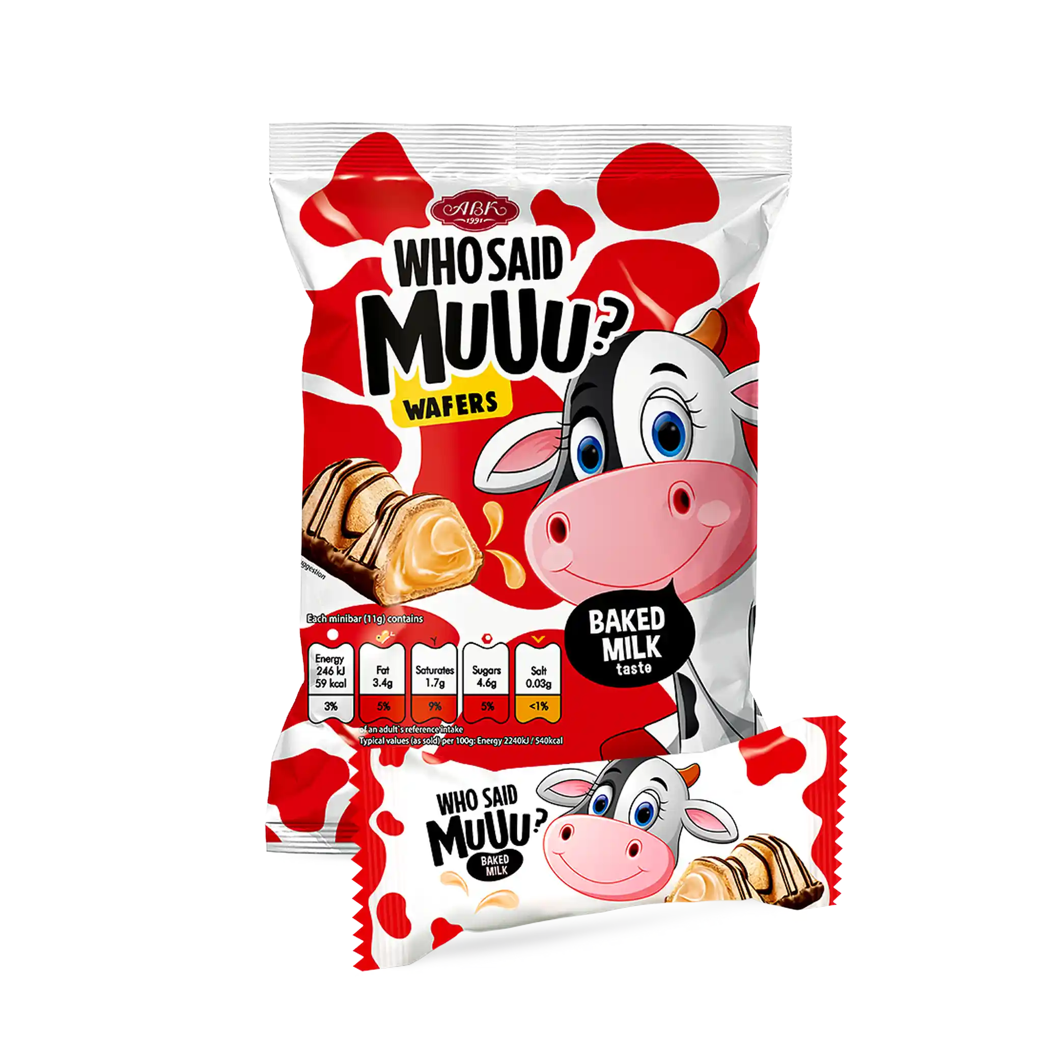 ABK Vaflové mini tyčinky „Who said Muuu?“ s příchutí pečeného mléka, 200 g/6ks