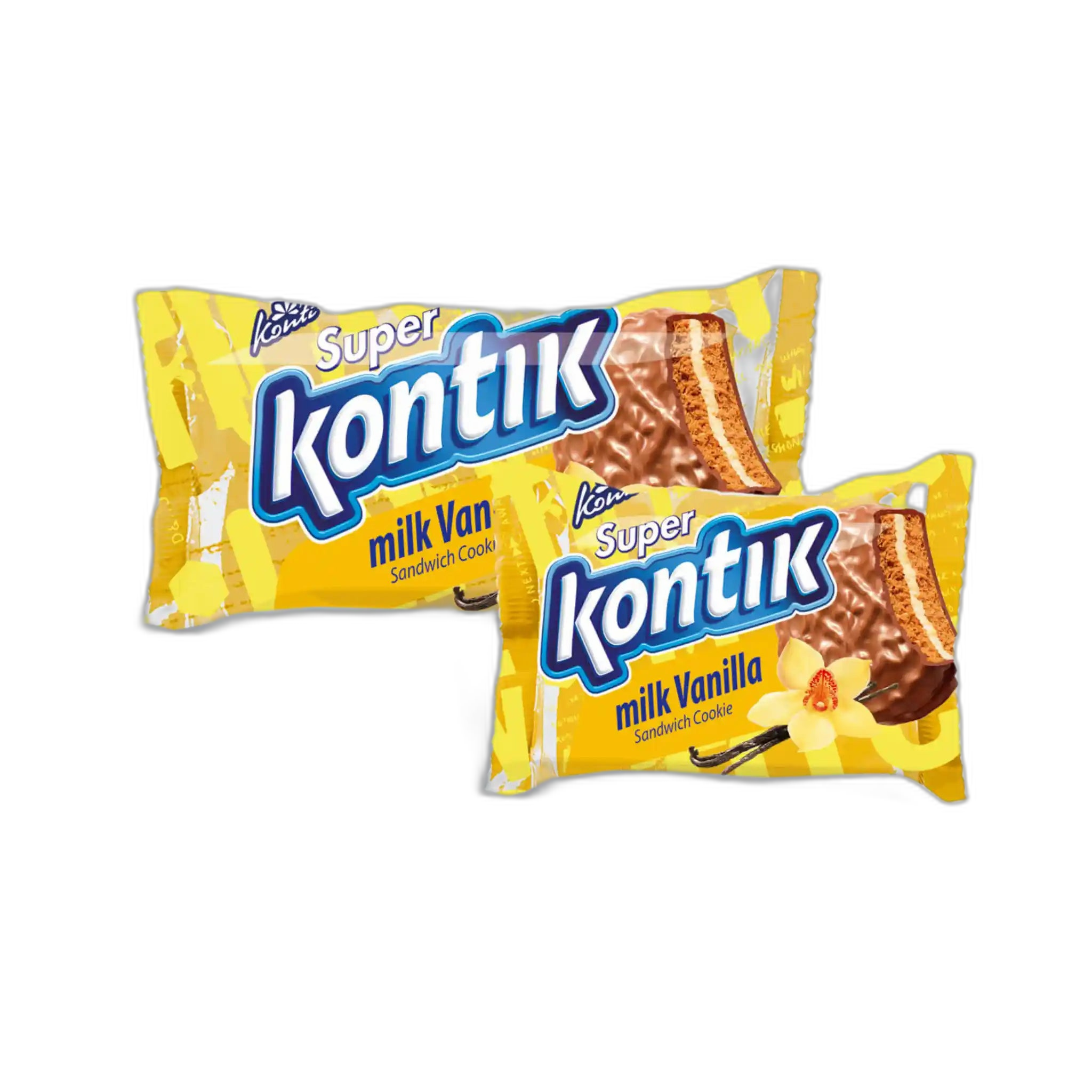 Konti "Super Kontik" sušenky-sendvič s příchutí vanilky a mléka, 90g/36ks
