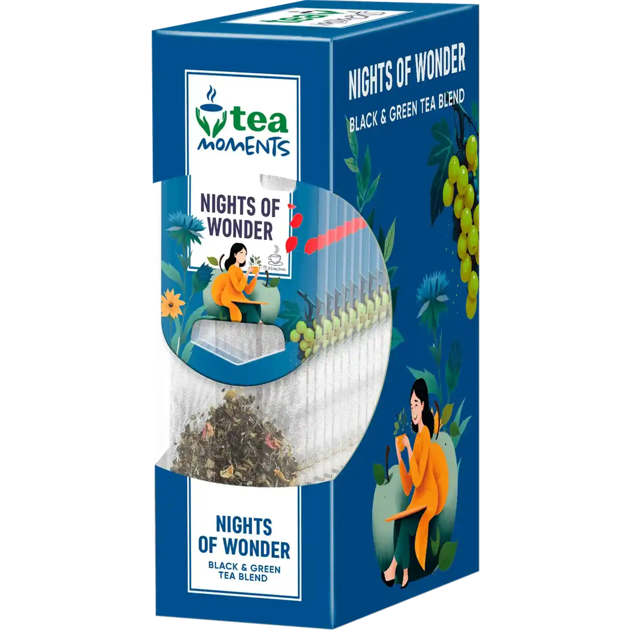 Tea Moments „Nights of Wonder“ směs černého čaje s kousky jablek, okvětními lístky pomeranče a chrpy, s vůní hroznů a vanilky, 15×2,2 g/ 15 ks