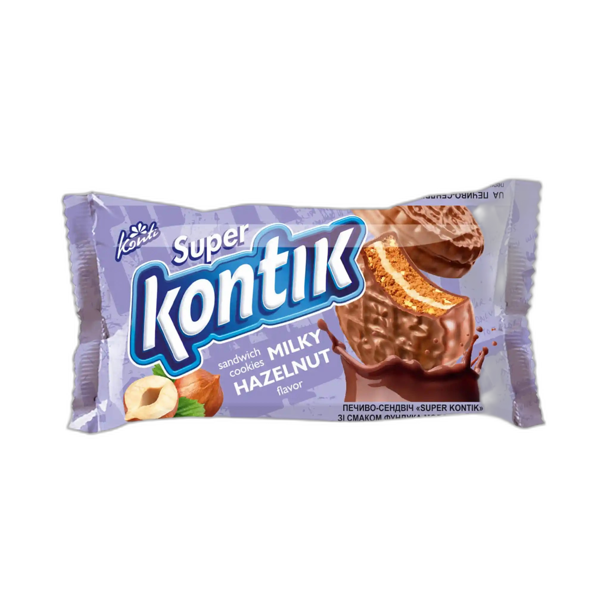 Konti "Super Kontik" sušenky-sendvič s příchutí lískových oříšků, mléčný, 90g/36ks